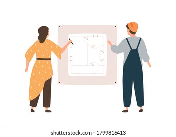 Female architect and male engineer worker drawing construction plan vector flat illustration. Architectural colleagues discussing building project looking at scheme isolated on white background