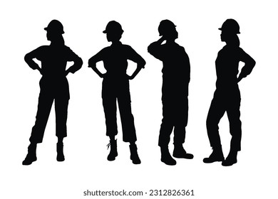 Female architect silhouette set vector on a white background. Girl construction worker wearing uniforms silhouette bundle. Architect women with anonymous faces, wearing safety helmets.