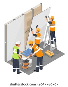 Arquiteta feminina supervisionando a instalação do painel de parede interior com equipe de construção durante projeto moderno de renovação de escritórios