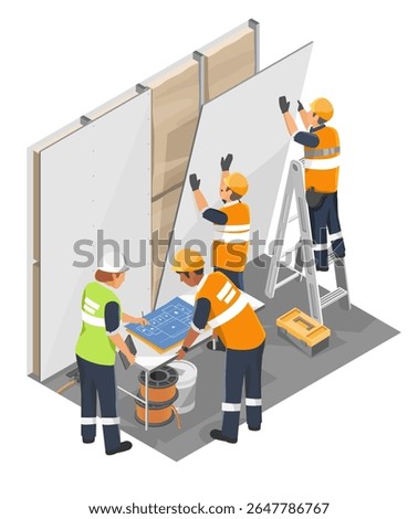 Female architect supervising interior wall panel installation with construction team during modern office renovation project