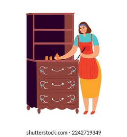 Female art restorer working on chest of drawers flat vector illustration