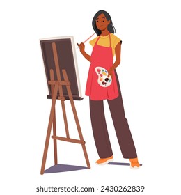 Female Artist Character Immersed In Creativity, Skillfully Applies Vibrant Strokes To A Canvas On An Easel, Bringing her Imagination To Life In A Visual Symphony. Cartoon People Vector Illustration