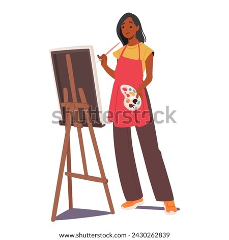 Female Artist Character Immersed In Creativity, Skillfully Applies Vibrant Strokes To A Canvas On An Easel, Bringing her Imagination To Life In A Visual Symphony. Cartoon People Vector Illustration