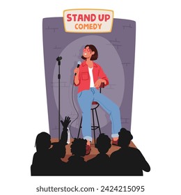 Female Artist Dazzled The Stage With Uproarious Stand-up, Weaving Clever Anecdotes And Sharp Wit, Leaving The Audience In Stitches With Their Comedic Brilliance And Infectious Energy, Vector