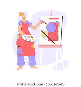 Female artist drawing abstract picture on canvas. Woman painting, holding color palette and paintbrush. Art profession or creative hobby. Vector character illustration isolated on white background
