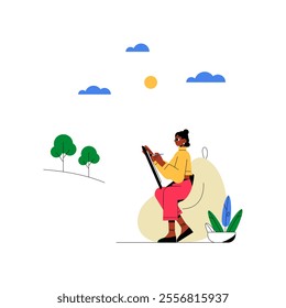Female Artist Drawing Outdoors In Flat Vector Illustration Symbolizing Creativity, Focus, And Nature, Isolated On White Background