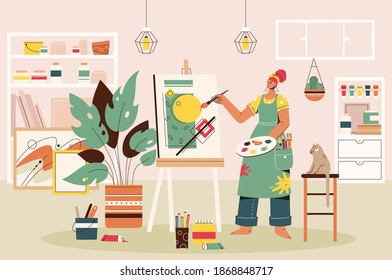 Female artist drawing picture on canvas in art studio. Workshop interior design - shelves, cans of paint, finished paintings, brushes, plants. Creative work or hobby. Vector character illustration