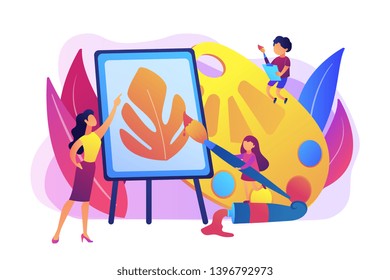 Female artist at easel teaching children painting with palette and brushes, tiny people. Art studio, open art classes, modern arts gallery concept. Bright vibrant violet vector isolated illustration
