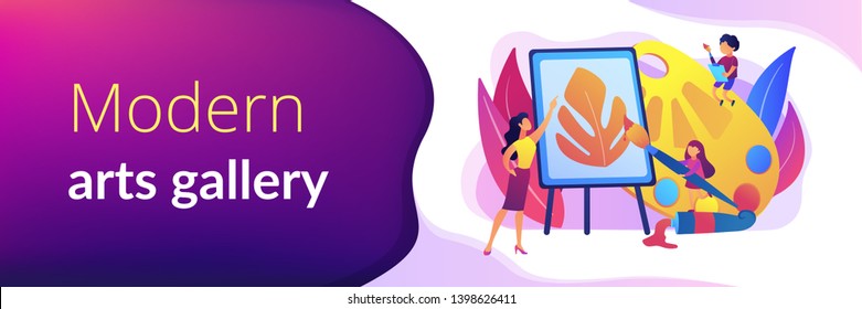 Female artist at easel teaching children painting with palette and brushes, tiny people. Art studio, open art classes, modern arts gallery concept. Header or footer banner template with copy space.