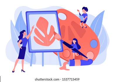 Female artist at easel teaching children painting with palette and brushes, tiny people. Art studio, open art classes, modern arts gallery concept. Pinkish coral bluevector isolated illustration