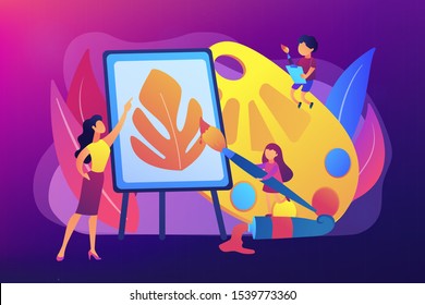 Female artist at easel teaching children painting with palette and brushes, tiny people. Art studio, open art classes, modern arts gallery concept. Bright vibrant violet vector isolated illustration