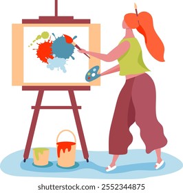 Female artist is expressing her creativity by painting on a canvas using a brush and palette, with buckets of paint nearby, showcasing the process of artistic creation