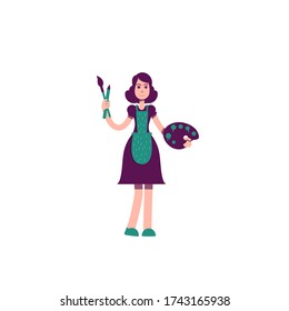 Female artist flat color vector character. Young smiling painter. Girl with paint palette and brushes. Artist isolated cartoon illustration for web graphic design and animation
