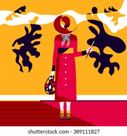 Female artist painting abstract artwork. Elegant vintage woman in hat with paintbrush and color palette, high fashion, vogue style. Creative pop art background, modern minimalism. Vector illustration