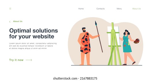 Female artist painting creative portrait of caveman at easel. Male model in animal skin holding spear flat vector illustration. Art workshop concept for banner, website design or landing web page