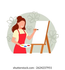 female artist painting on canvas flat illustration