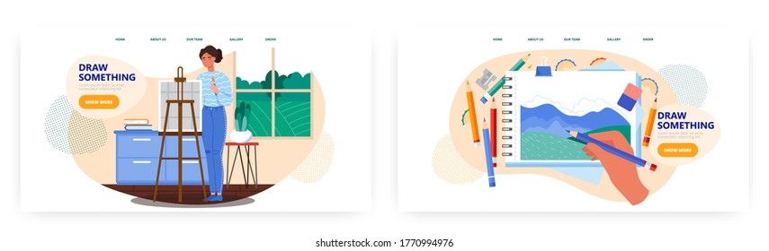 Female artist painting on the easel. Landscape drawing in the notepad by color pencils. Art studio concept illustration. Vector web site design template. Landing page website illustration