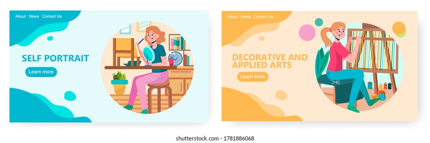 Female artist painting on the easel. Girl weaves handmade carpet, traditional textile. Art studio concept illustration. Vector web site design template. Landing page website illustration