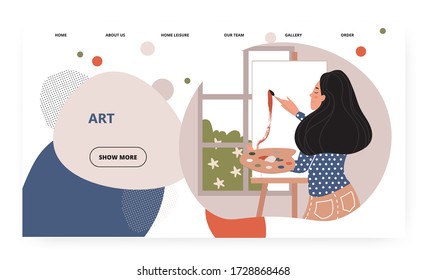 Female artist painting on empty easel. Art studio concept illustration. Vector web site design template. Landing page website illustration