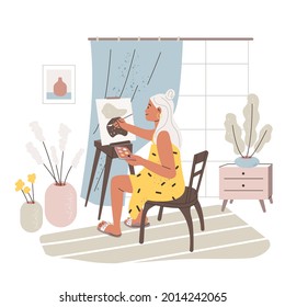 Female artist painting picture at home. Painter drawing on canvas on easel. Person with creative hobby. Inspired woman creating artwork. Colored flat vector illustration isolated on white background.