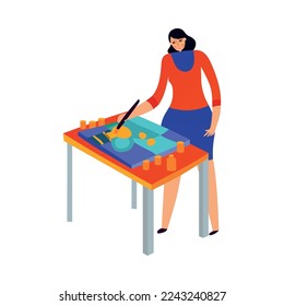 Female artist painting picture on canvas flat vector illustration