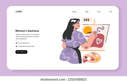 Female artist painting a piece of art web banner or landing page. Illustrator doing a hobby. Freelance designer creating a picture for selling. Creative process near canvas. Flat vector illustration