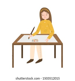 Female artist painting. Raster illustration isolated on white background