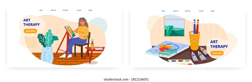 Female artist paints geometric abstract art work. Art therapy concept illustration. Vector web site design template. Paintbrush, palette, canvas, colors. Artist at work