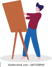 Female artist paints on a canvas isolated on a white background. Creative young girl in red jumpsuit stands up. Flat vector illustration.