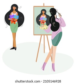 The female artist paints a portrait of a young girl on canvas. A woman paints a female model standing in front of an easel with a bouquet of flowers. Profession or creative hobby. Vector flat style.