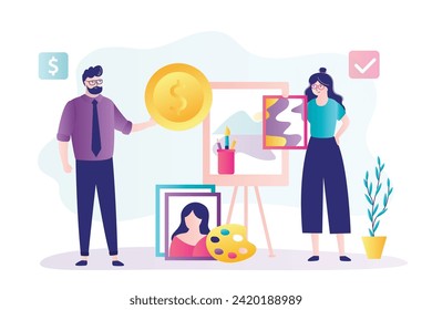 Female artist with picture standing near easel. Woman seller holding picture and sells painting. Buyer collector give money.  Art gallery, business concept. Modern flat style vector illustration