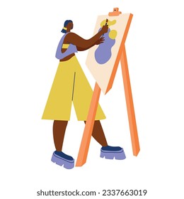 Female artist profession painting on canvas isolated on white background.