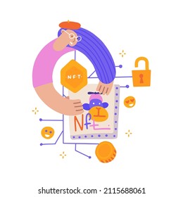 Female artist selling her artwork online. Painter holding piece of art. Technology of selling NFT tokens for cryptocurrency. Flat hand drawn vector illustration.