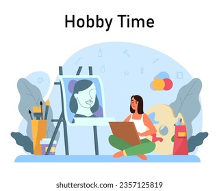 Female artist sitting at the easel and painting a picture. Young painter with palette and brushes. Creative hobby and recreation. Flat vector illustration