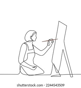 female artist sitting in front of easel with palette and brush in hand - one line drawing vector. the concept the process of the work of the artist