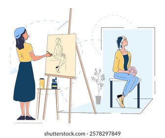 Female artist sketches a seated model holding flowers, with an easel and art supplies. Minimalist vector design on a light background. Creativity concept. Vector illustration.
