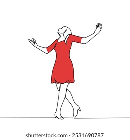 female artist standing accepting applause or performing - one line art vector. concept beautiful slim woman in red dress and pumps