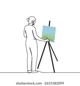 female artist standing with brush in hand in front of landscape painting on tripod - one line art vector. concept female painter in plein air. Handmade vector not AI