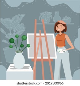 Female artist standing in front of the easel with linear iconic blue background drawing a vase still life. Good for flat design video, web or advertisment in social media.