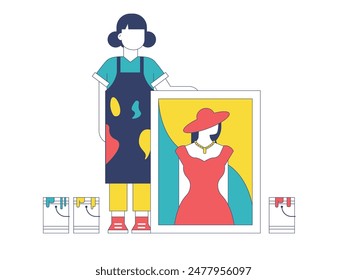 Female artist standing holding her painting canvas, elegant woman in red dress and hat wearing necklace. Character design. Vector flat illustration