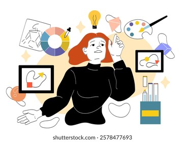 Female artist surrounded by design tools, color palette, and artwork elements on a white background. Concept of creativity and artistic process. Vector illustration