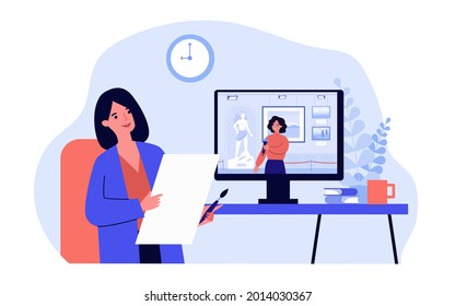 Female artist watching museum exhibition online. Guide on computer screen presenting exhibits flat vector illustration. Technology, online gallery concept for banner, website design or landing page