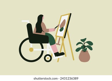 Mujer artista en silla de ruedas ilustración vectorial