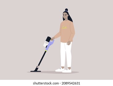 A female Asian character cleaning with a cordless vacuum cleaner, household chores