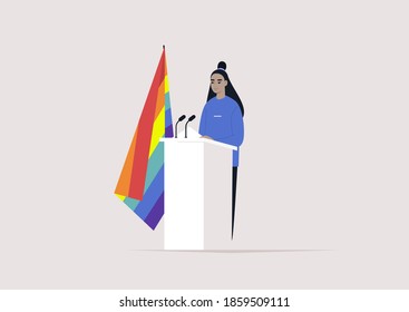 A female Asian character standing behind the pulpit with a rainbow LGBT flag, human rights, political process 