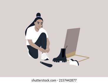Personaje asiático femenino probando diferentes pares de zapatos, una tienda