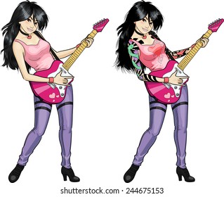 Female Asian rock musician with tattoos playing electric guitar vector illustration in comics style