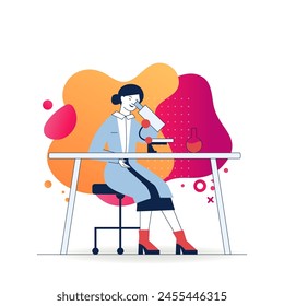 Female assistant doing lab research. Woman in white coat using microscope at table with flask flat vector illustration. Laboratory, biochemistry concept for banner, website design or landing web page