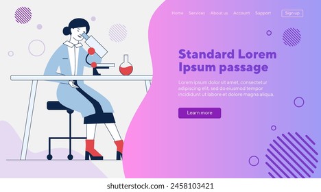 Una asistente haciendo una investigación de laboratorio. Mujer en bata blanca usando el microscopio en la mesa con la Ilustración vectorial plana del matraz. Concepto de laboratorio, bioquímica para Anuncio, diseño de Sitios web o página de Web de aterrizaje