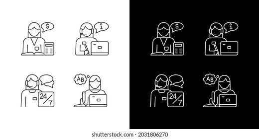 Female assistant linear icons set for dark and light mode. Employee staff. Company workers team. Customizable thin line symbols. Isolated vector outline illustrations. Editable stroke